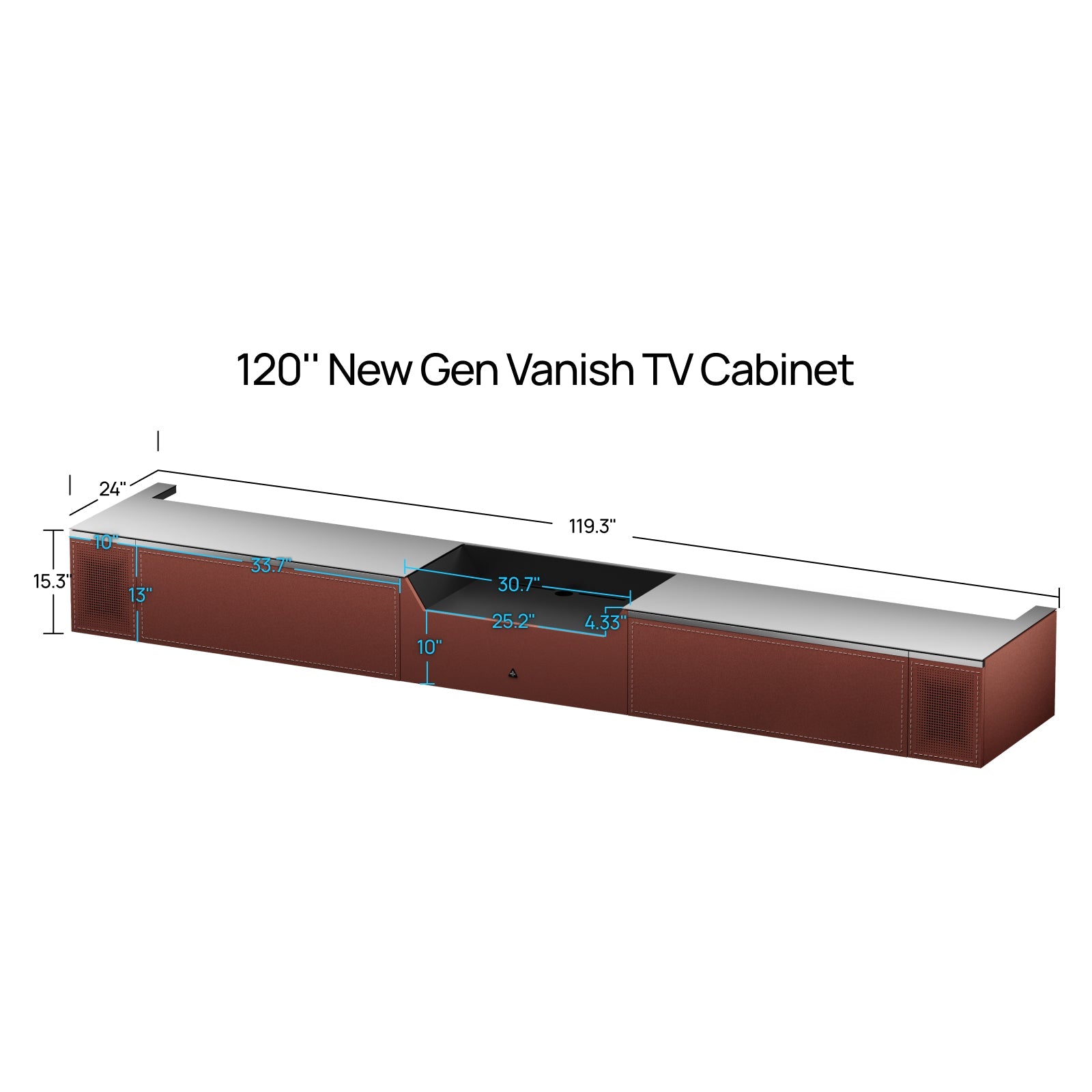 AWOL Vision New Gen Vanish TV Cabinet 120-inch size diagram with cabinet dimensions for floor-rising screen compatibility.