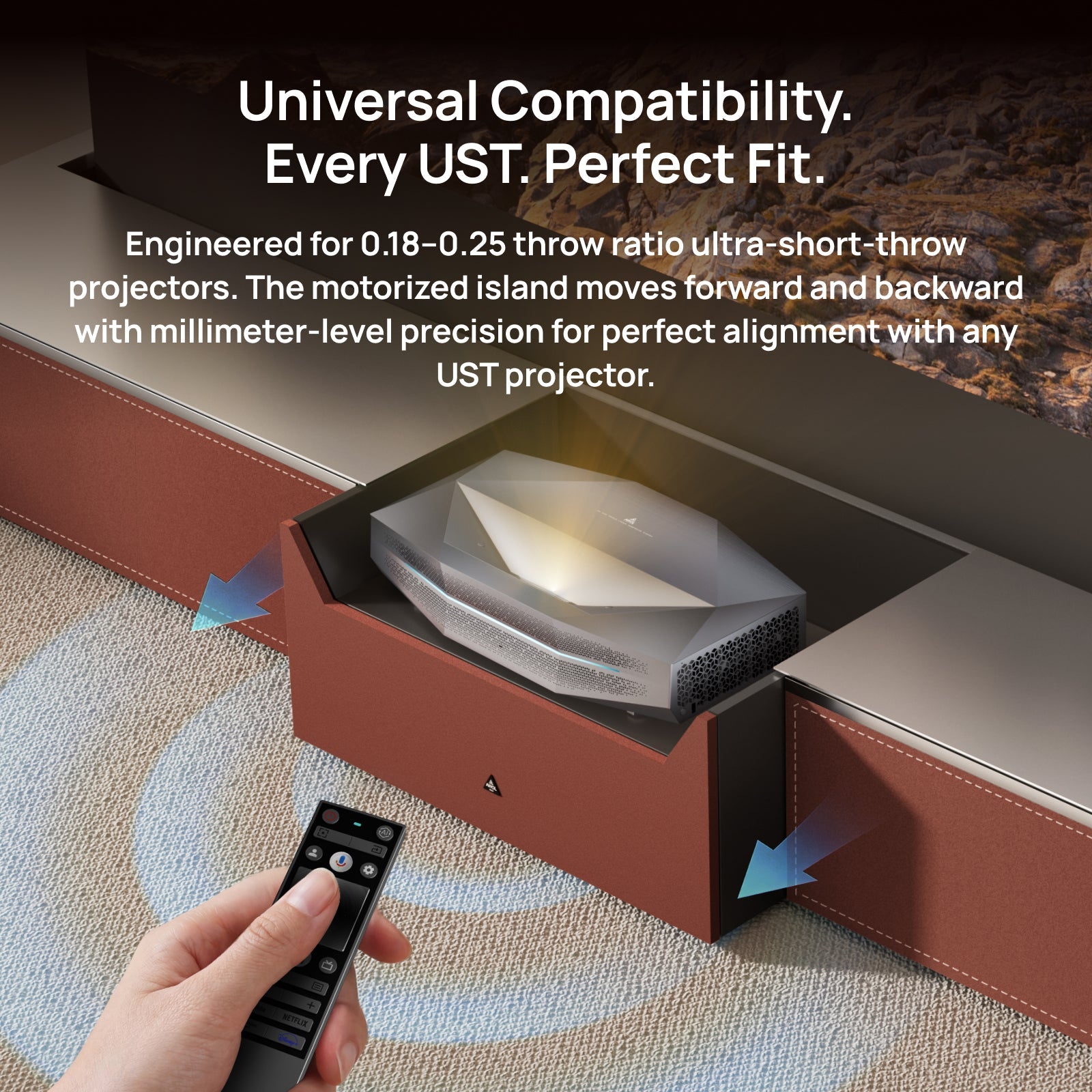AWOL Vision New Gen Vanish TV Cabinet with a motorized projector island, designed to align UST projectors with millimeter-level precision.