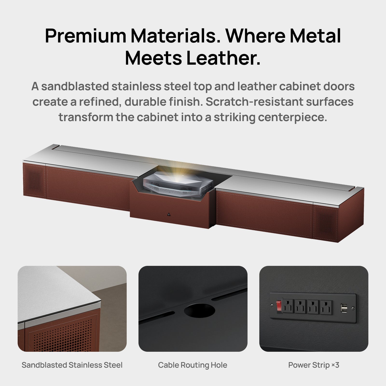AWOL Vision New Gen Vanish TV Cabinet with a premium metal top, leather doors, cable routing hole, and built-in power system.