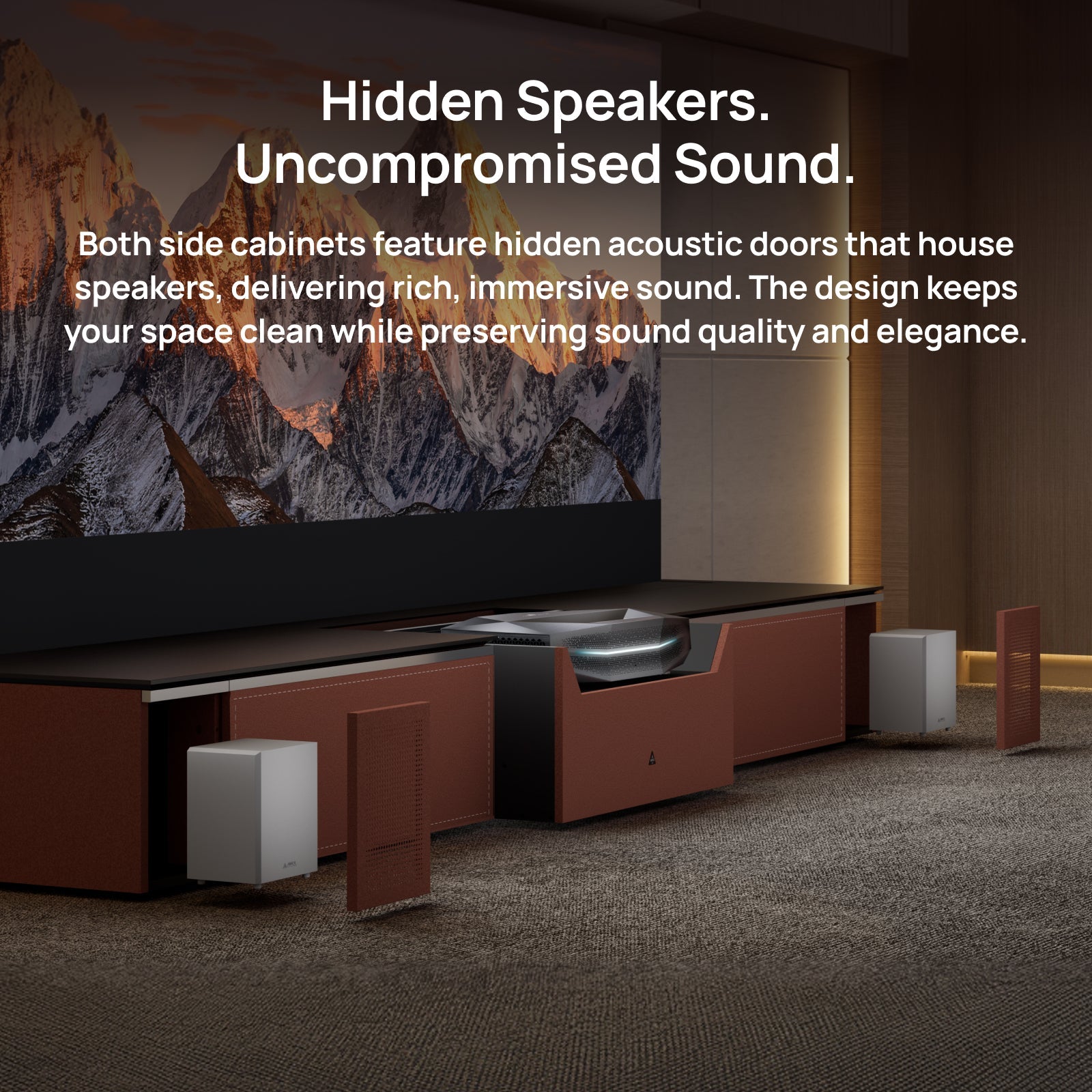 AWOL Vision New Gen Vanish TV Cabinet with hidden speaker compartments that keep audio integrated while maintaining a clean cinema layout.