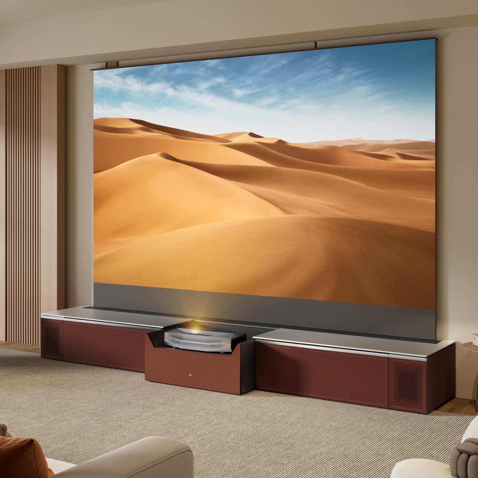 AWOL Vision New Gen Vanish TV Cabinet paired with a floor-rising screen in a modern living room UST projector setup.