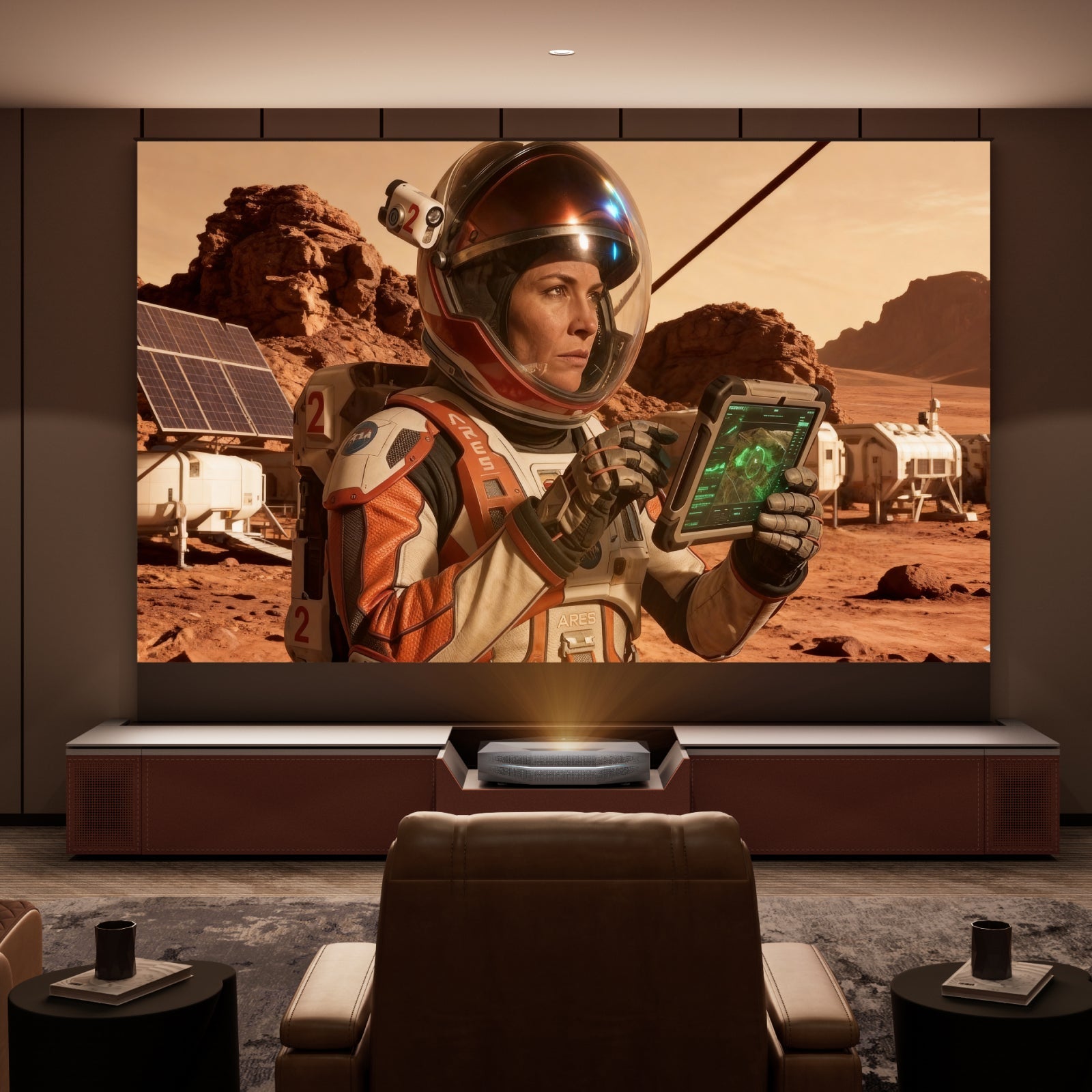 AWOL Vision New Gen Vanish TV Cabinet shown in a cinematic UST setup with a large floor-rising screen and centered projector island.