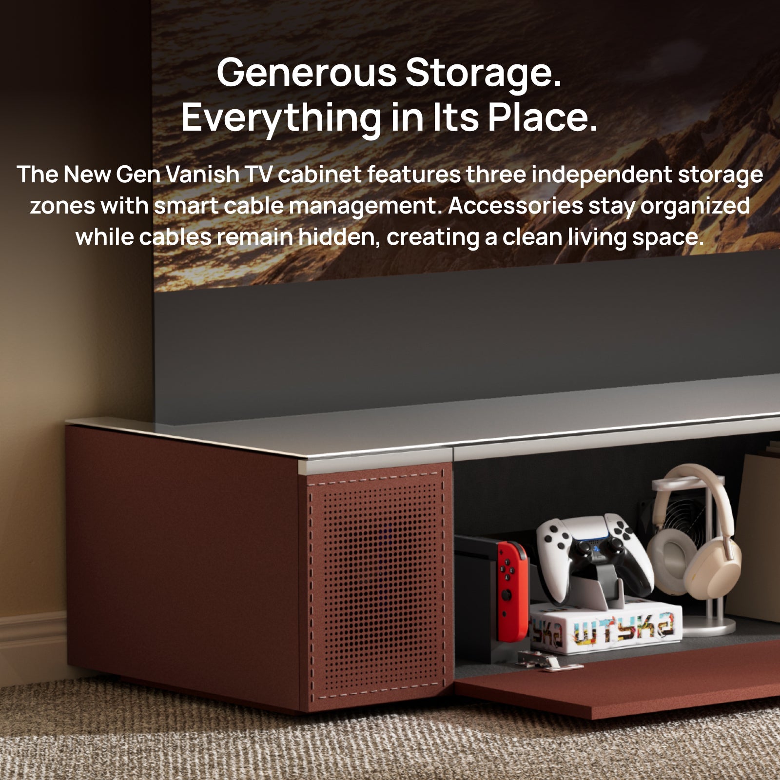 AWOL Vision New Gen Vanish TV Cabinet with generous storage, organized compartments, and smart cable management for a cleaner home theater setup.