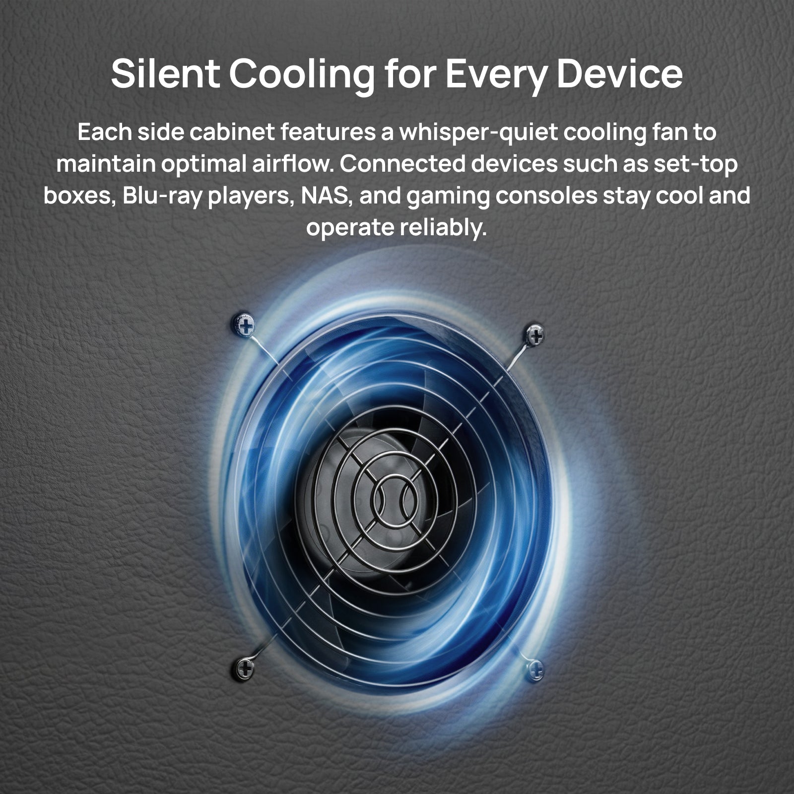 AWOL Vision New Gen Vanish TV Cabinet silent cooling fan detail, designed to keep connected media devices cool and running reliably.