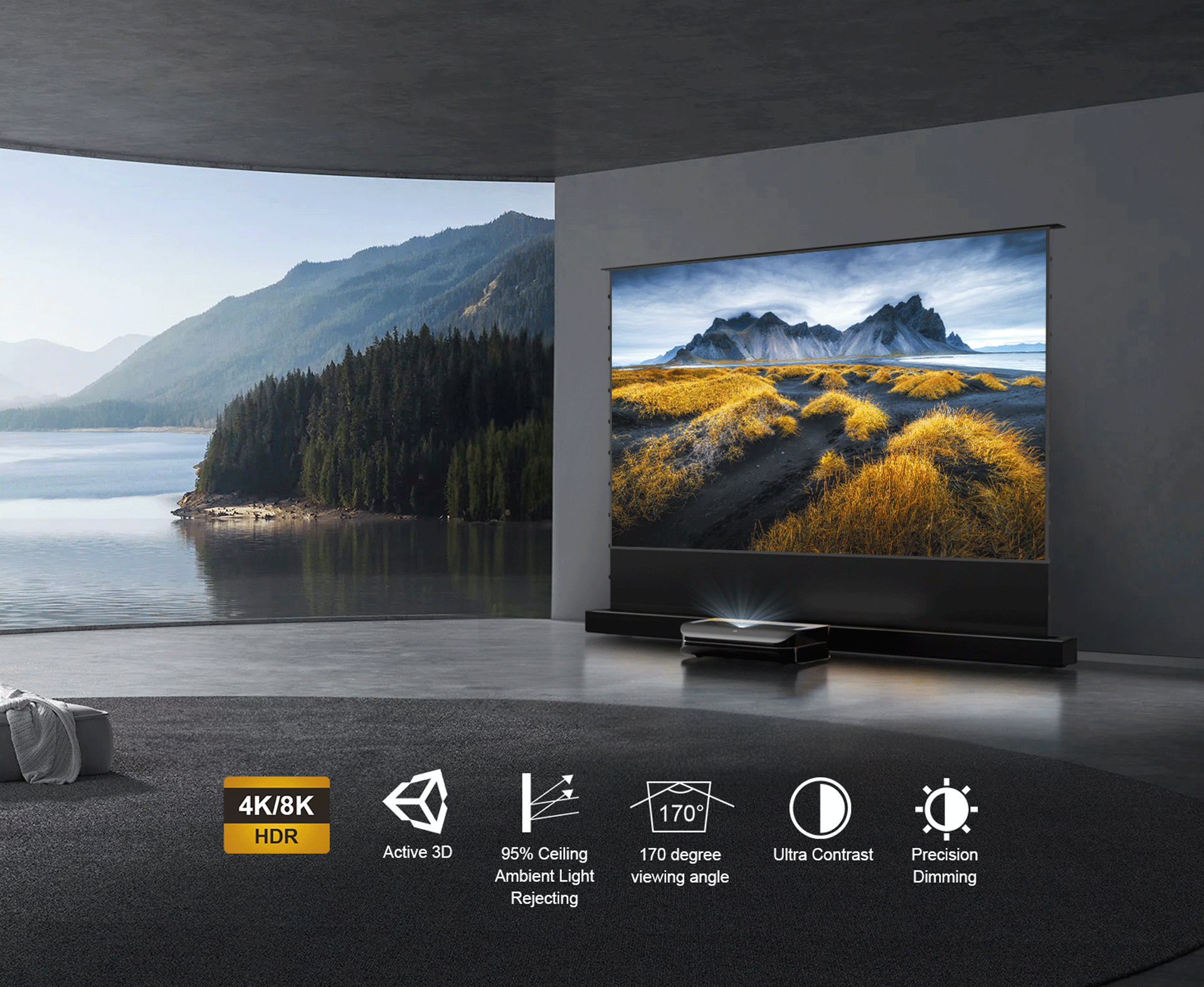 Écran de projection élévateur au sol Cinematic+ ALR de 120 pouces avec 4K/8K HDR, 3D actif et rejet de 95 % de la lumière ambiante du plafond.