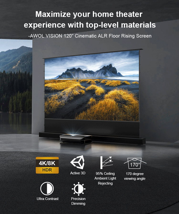 Écran de projection élévateur au sol Cinematic+ ALR de 120 pouces avec 4K/8K HDR, 3D actif et rejet de 95 % de la lumière ambiante du plafond.